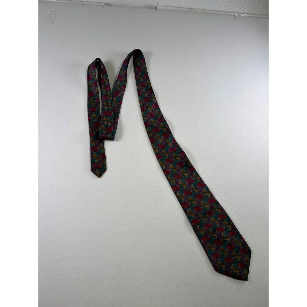 Geoffrey Beene Mens Silk Necktie Red Green Geometric Abstract Italian Fabric USA